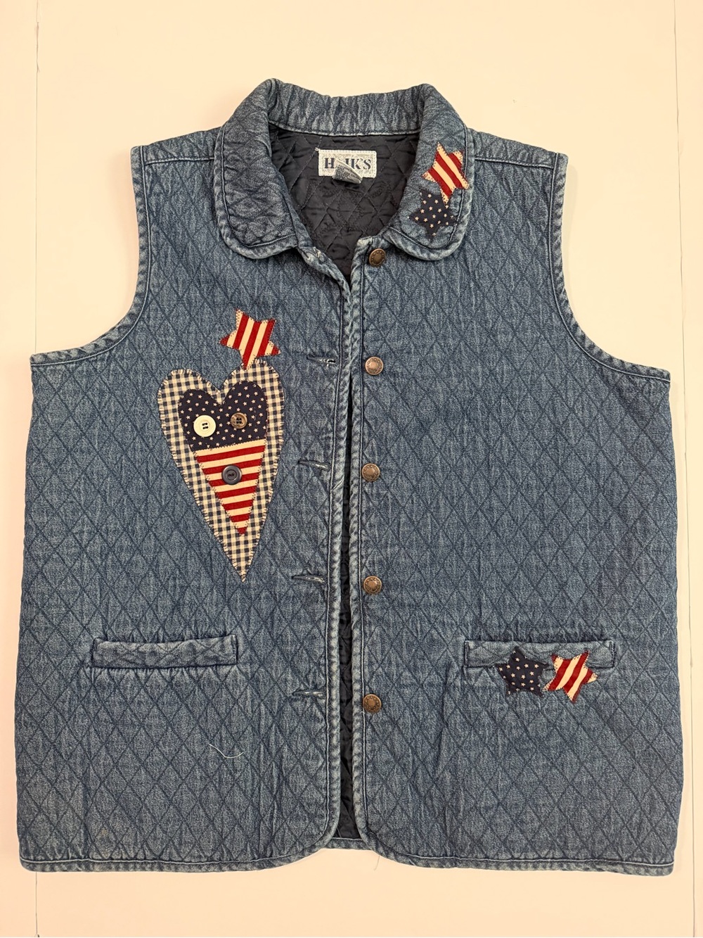 Vintage Haiks Quilted Denim Vest with Patriotic Heart Appliqué womens XL